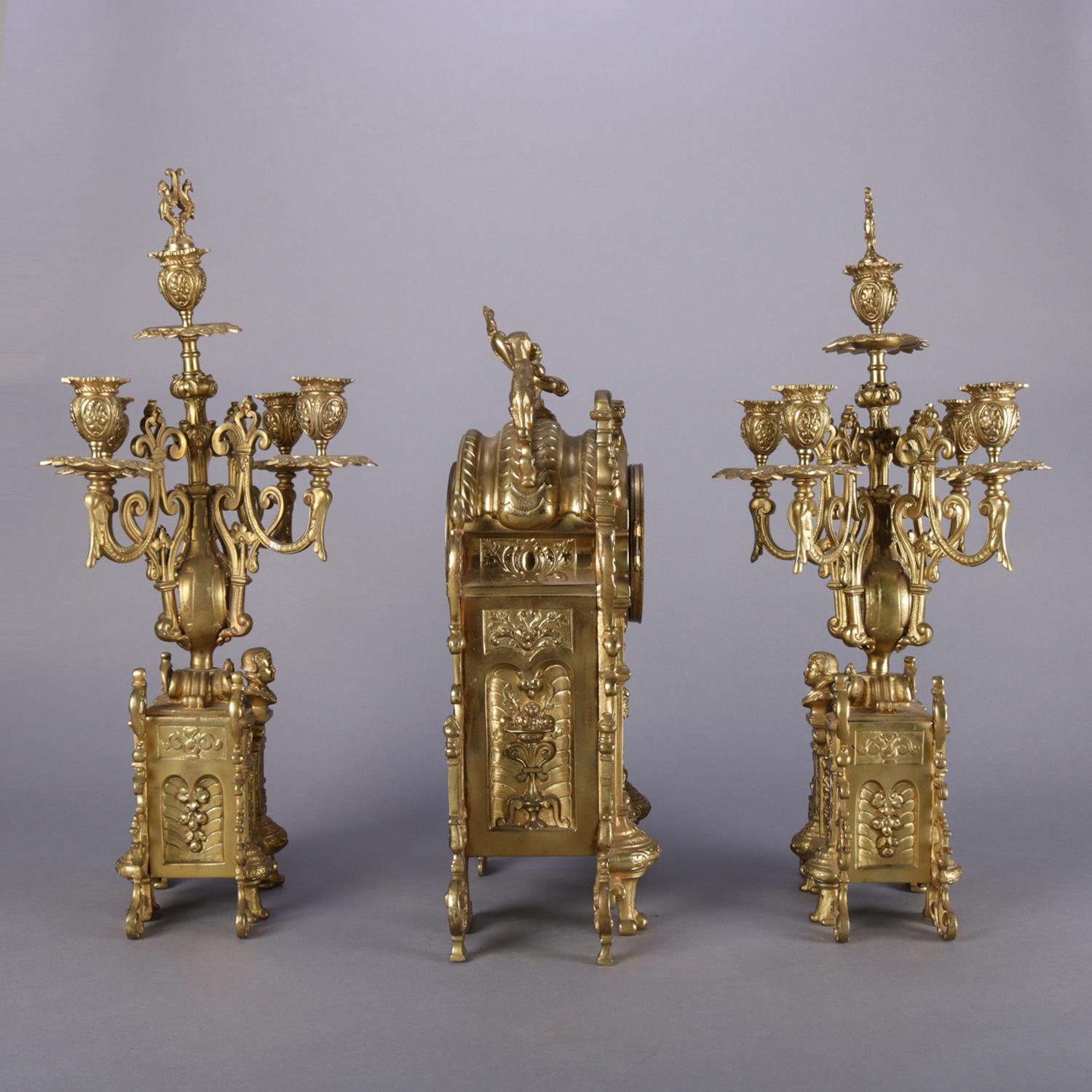 Antique French Louis XV Gilt Bronze Clock & Candelabra Garniture Set, circa 1855 2