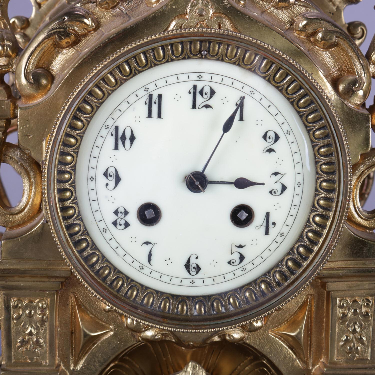 Antique French Louis XV Gilt Bronze Clock & Candelabra Garniture Set, circa 1855 4