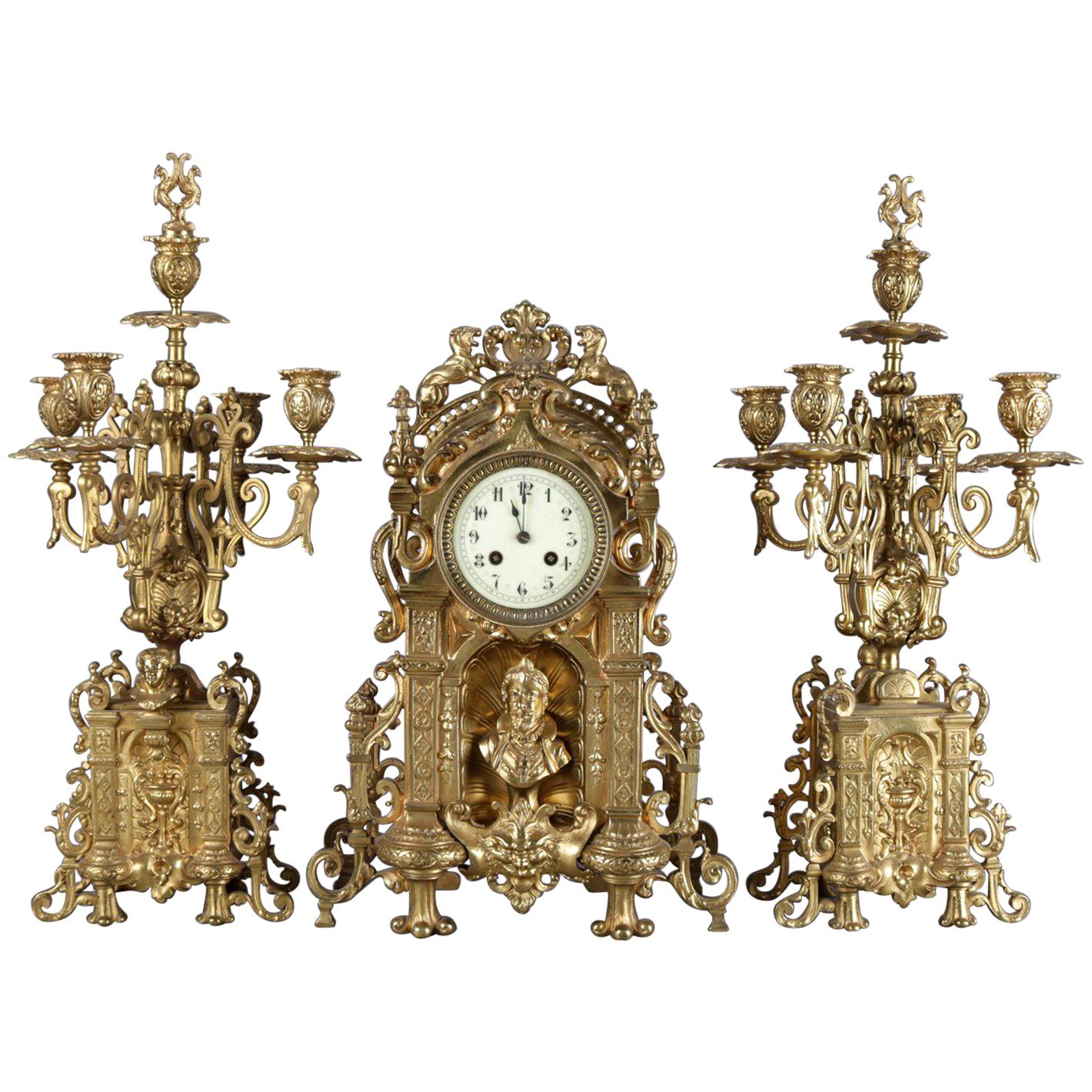 Antique French Louis XV Gilt Bronze Clock & Candelabra Garniture Set, circa 1855