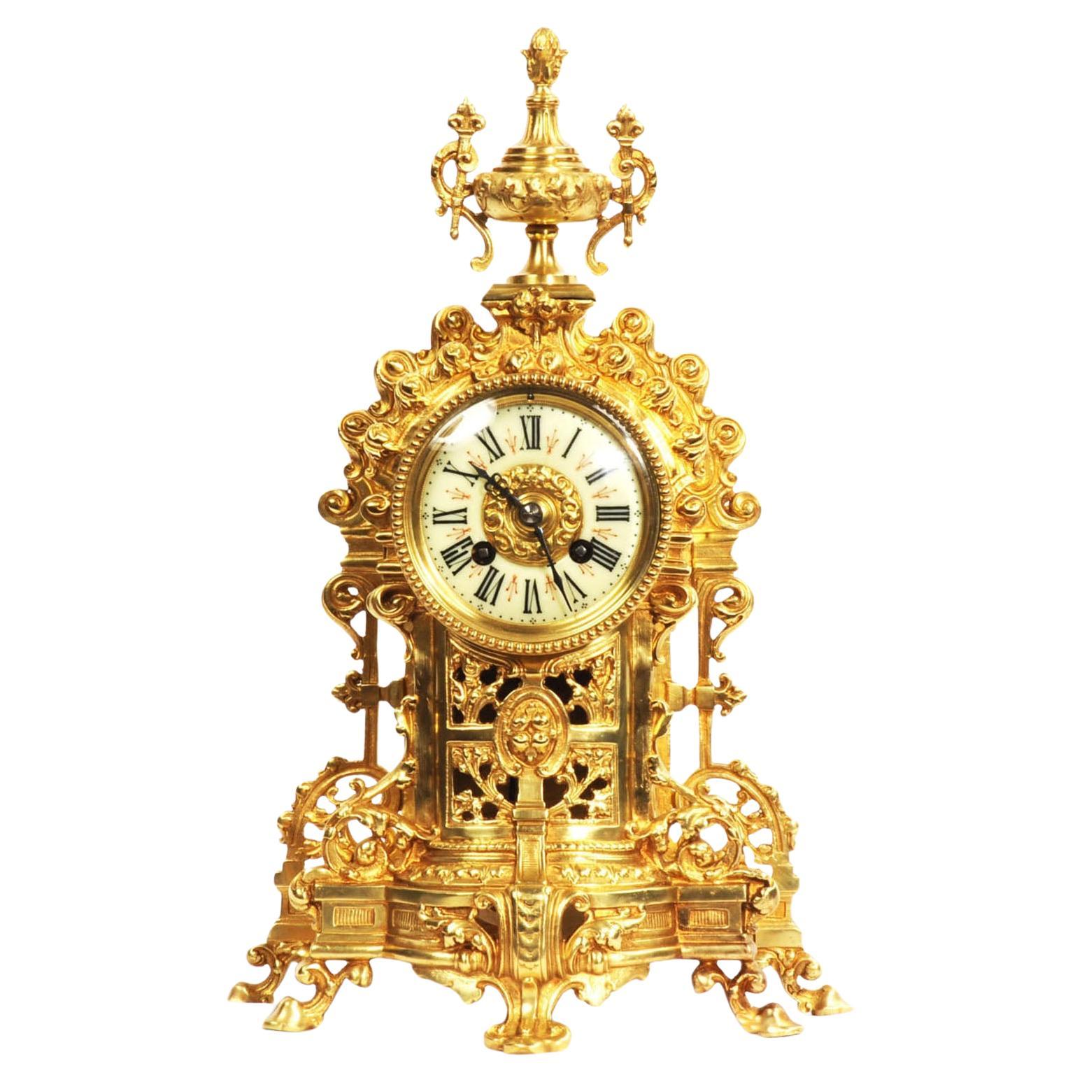 Antique French Louis XV Gilt Bronze Clock For Sale