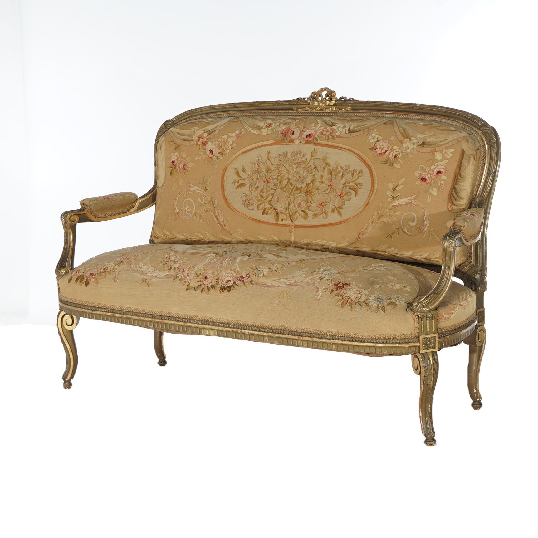 Antike Französisch Louis XV Giltwood & Aubusson Wandteppich Sofa C1860 (Louis XV.) im Angebot