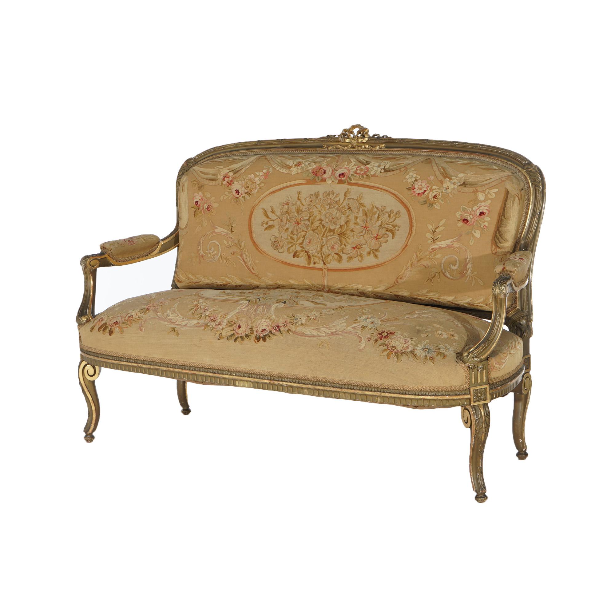 Antike Französisch Louis XV Giltwood & Aubusson Wandteppich Sofa C1860 im Zustand „Gut“ im Angebot in Big Flats, NY
