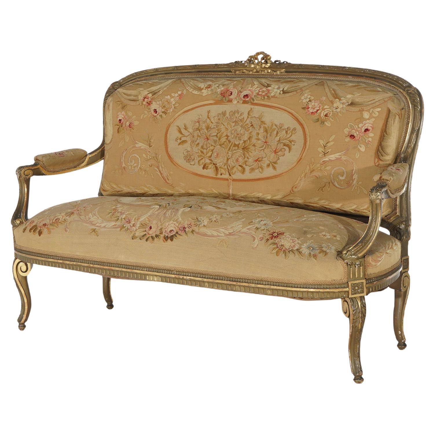Antique French Louis XV Giltwood & Aubusson Tapestry Sofa C1860 For Sale