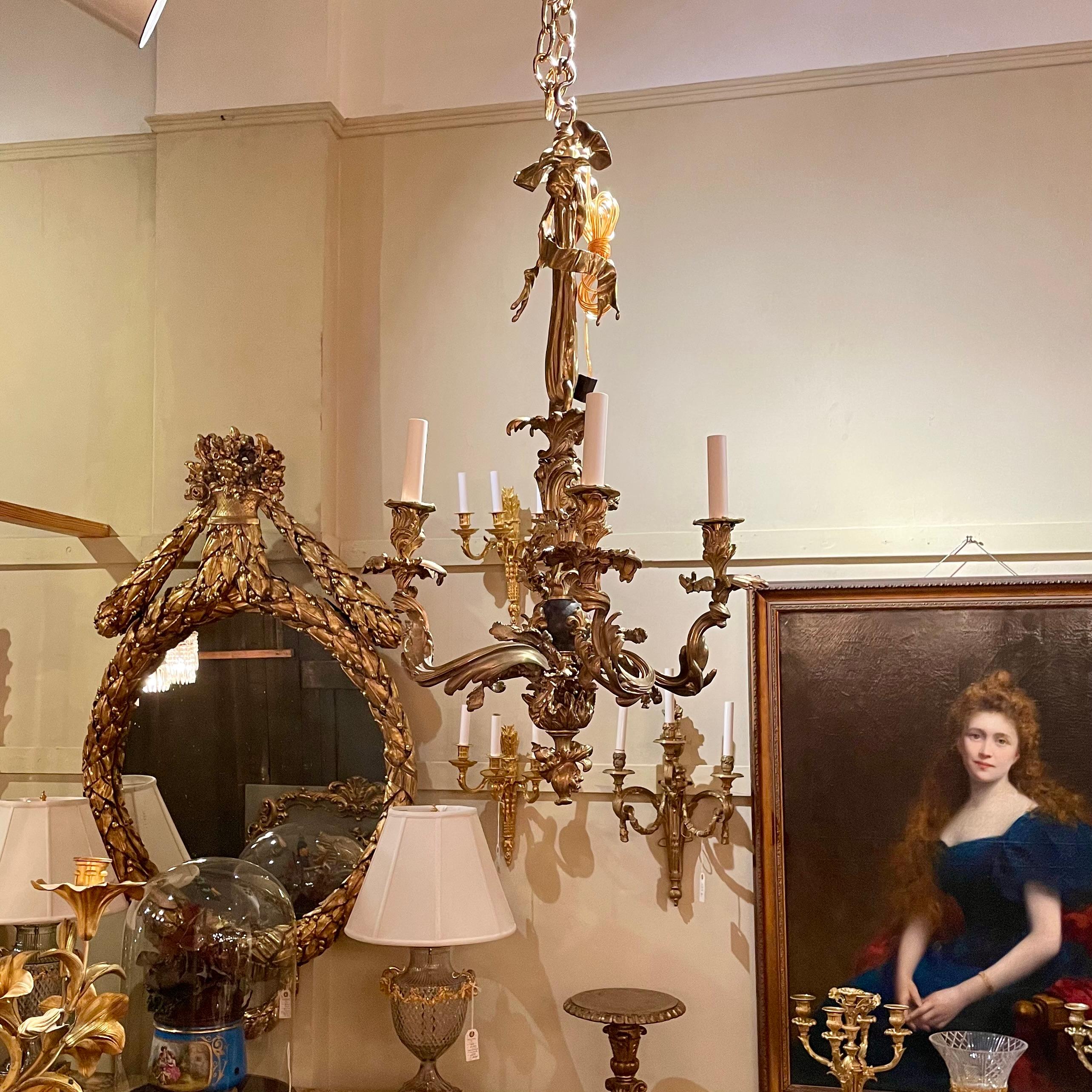 Antique French Louis XV Gold Bronze Chandelier with Fleur-de-Lis, Circa 1890's. For Sale 7