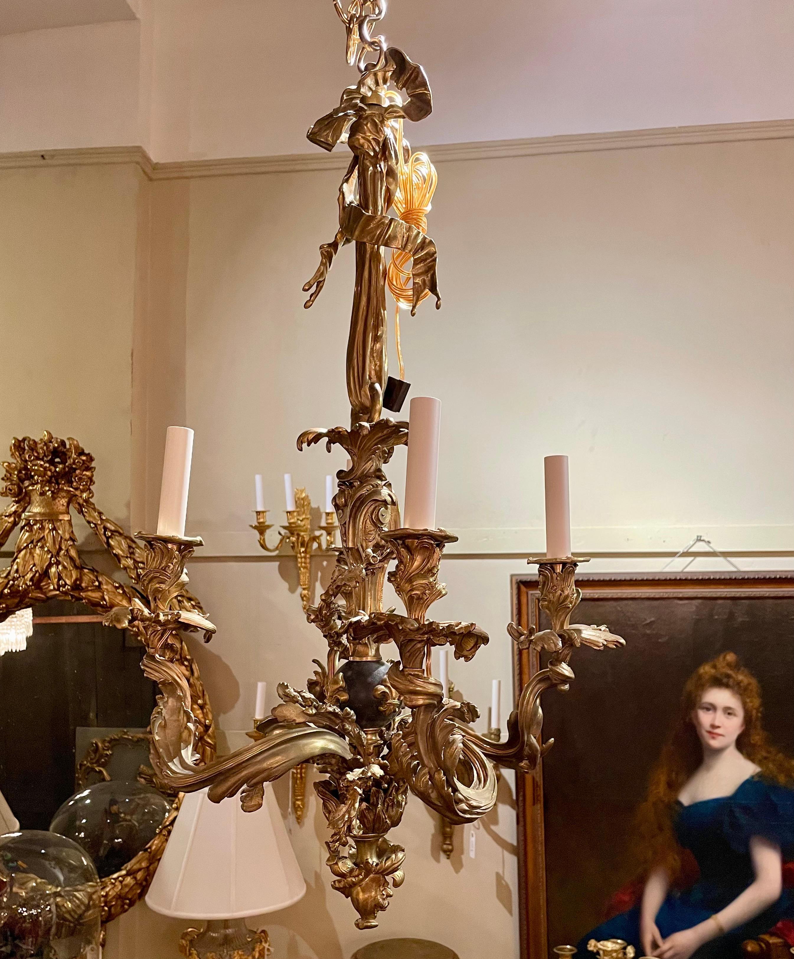 Antique French Louis XV Gold Bronze Chandelier with Fleur-de-Lis, Circa 1890's. For Sale 8