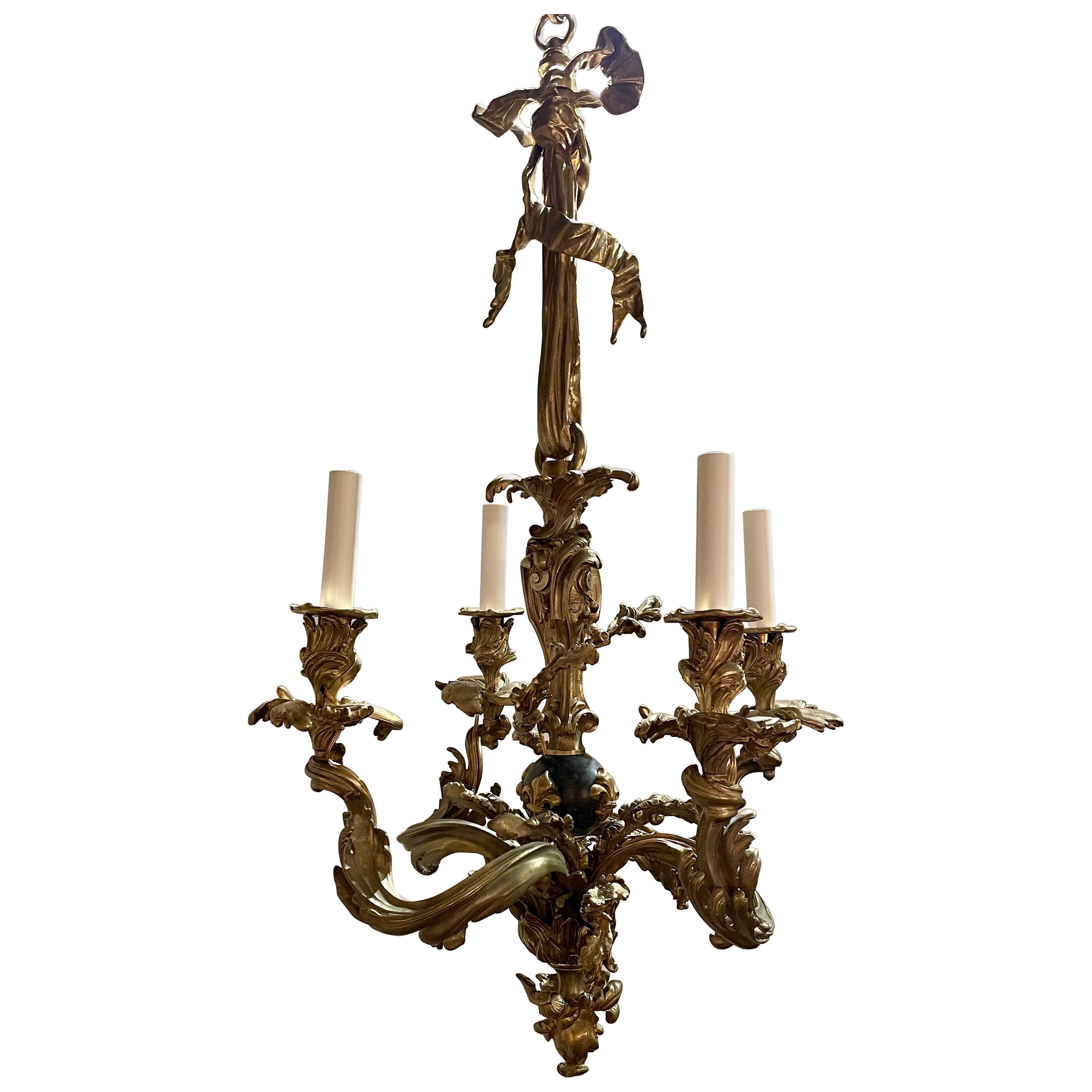 Antique French Louis XV Gold Bronze Chandelier with Fleur-de-Lis, Circa 1890's.