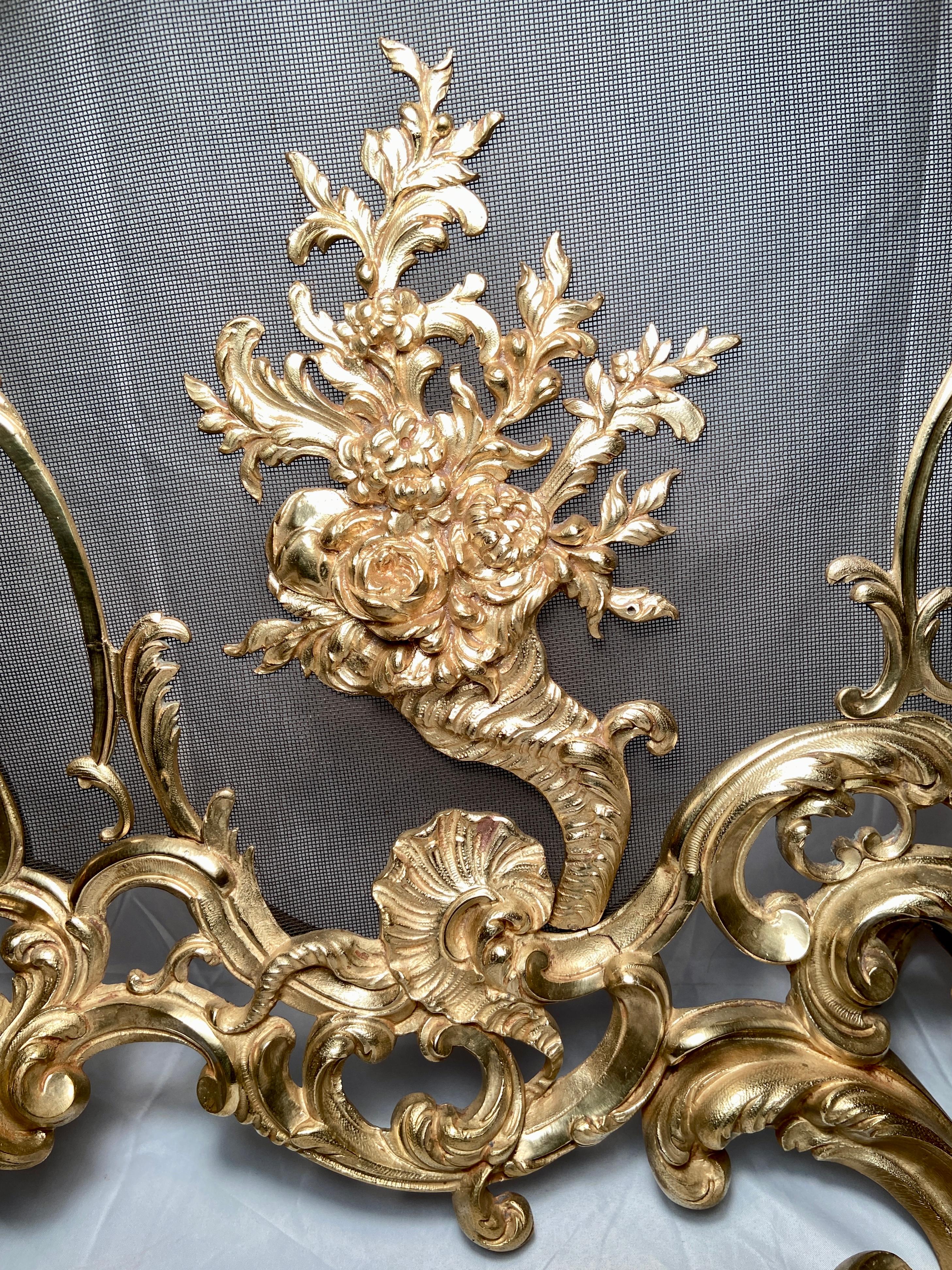 19th Century Antique French Louis XV Gold Bronze Fire Screen, Circa 1865-1875 For Sale