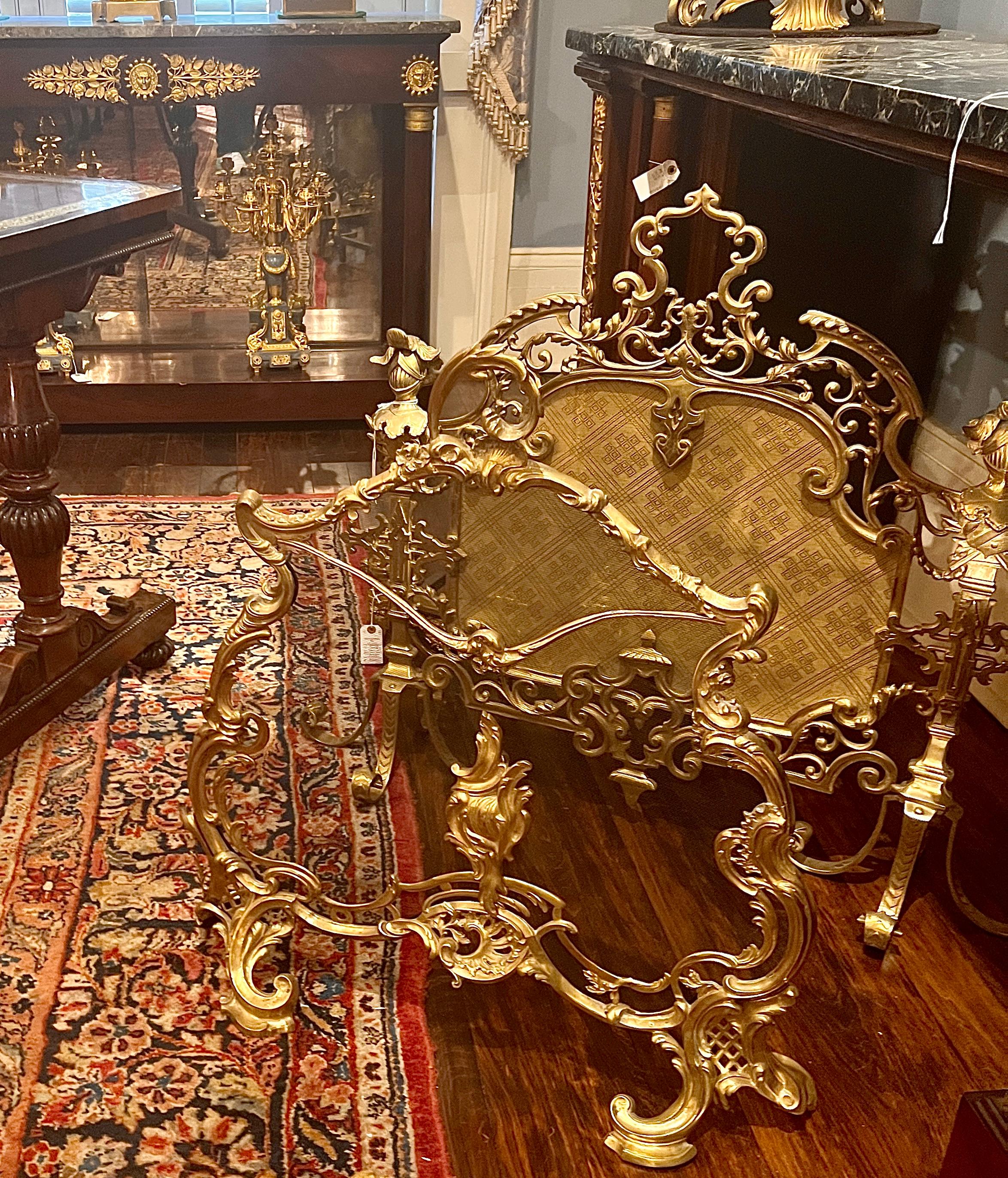 Antique French Louis XV Gold Bronze Fire Screen, Circa 1880. For Sale 3