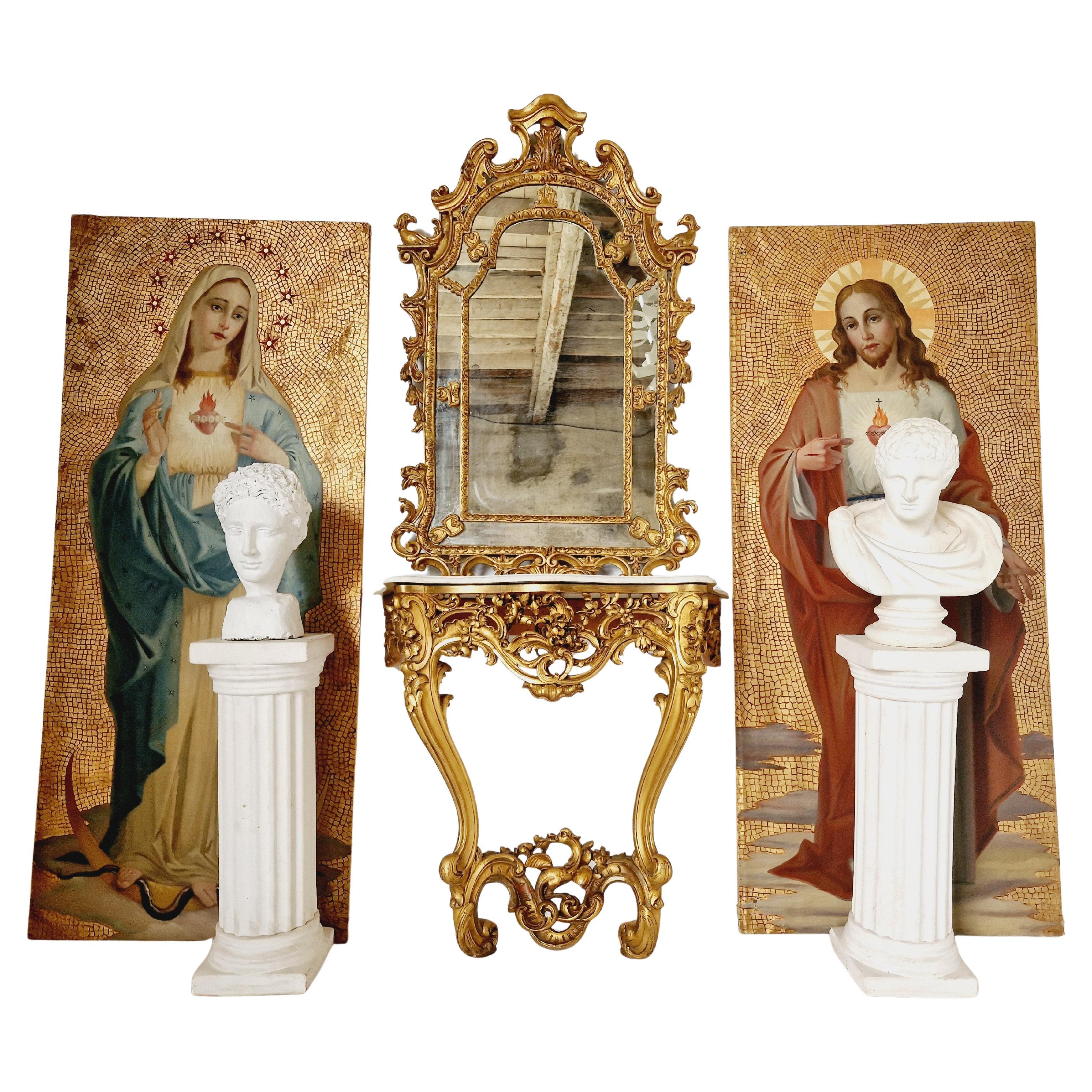Antique French Mesa Consola Luis XV Dorada con Tapa de Mármol