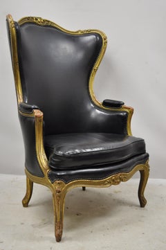 Antique French Louis XV Gold Giltwood Wingback Bergère Lounge Armchair