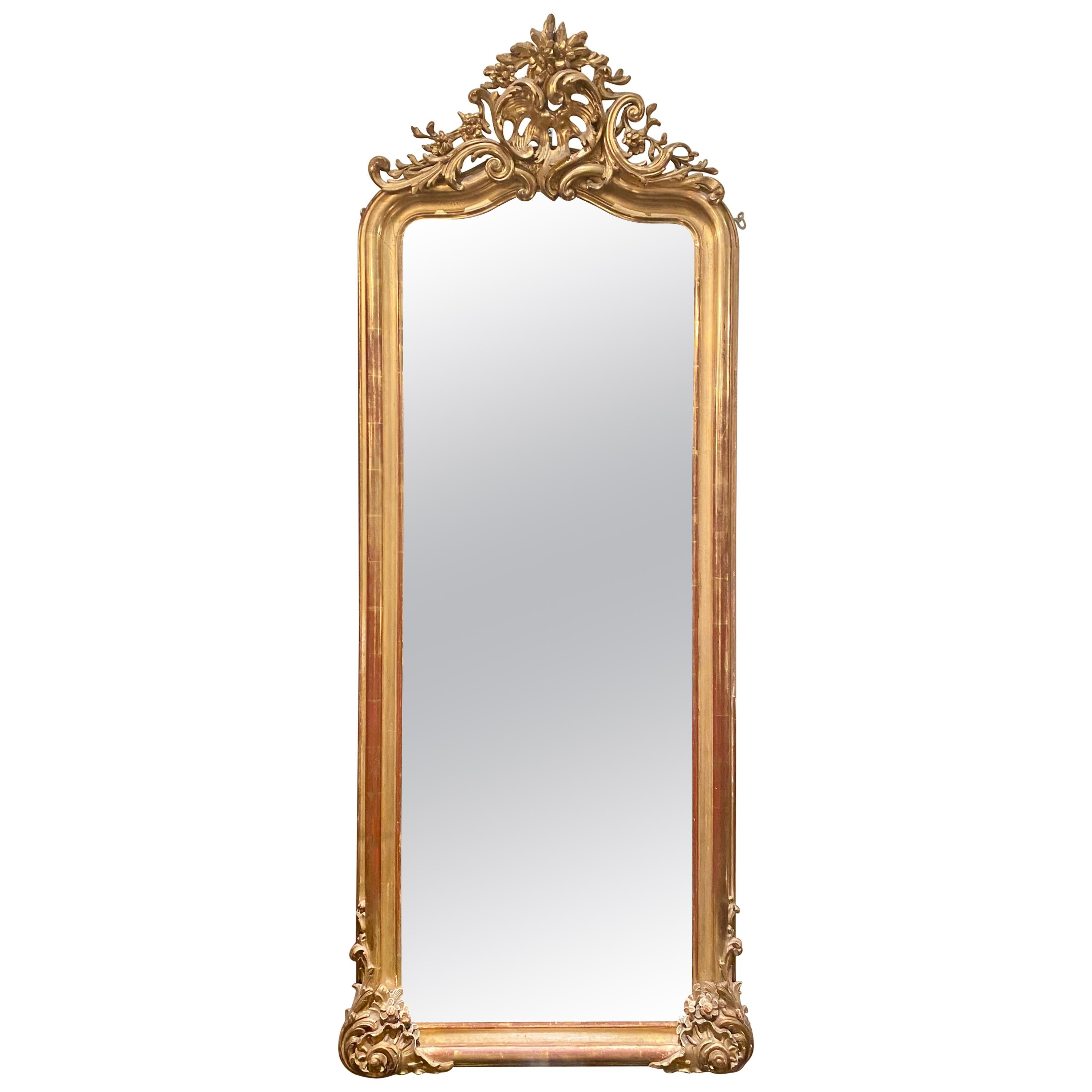 Antique French Louis XV Gold Leaf Beveled Mirror, circa 1870