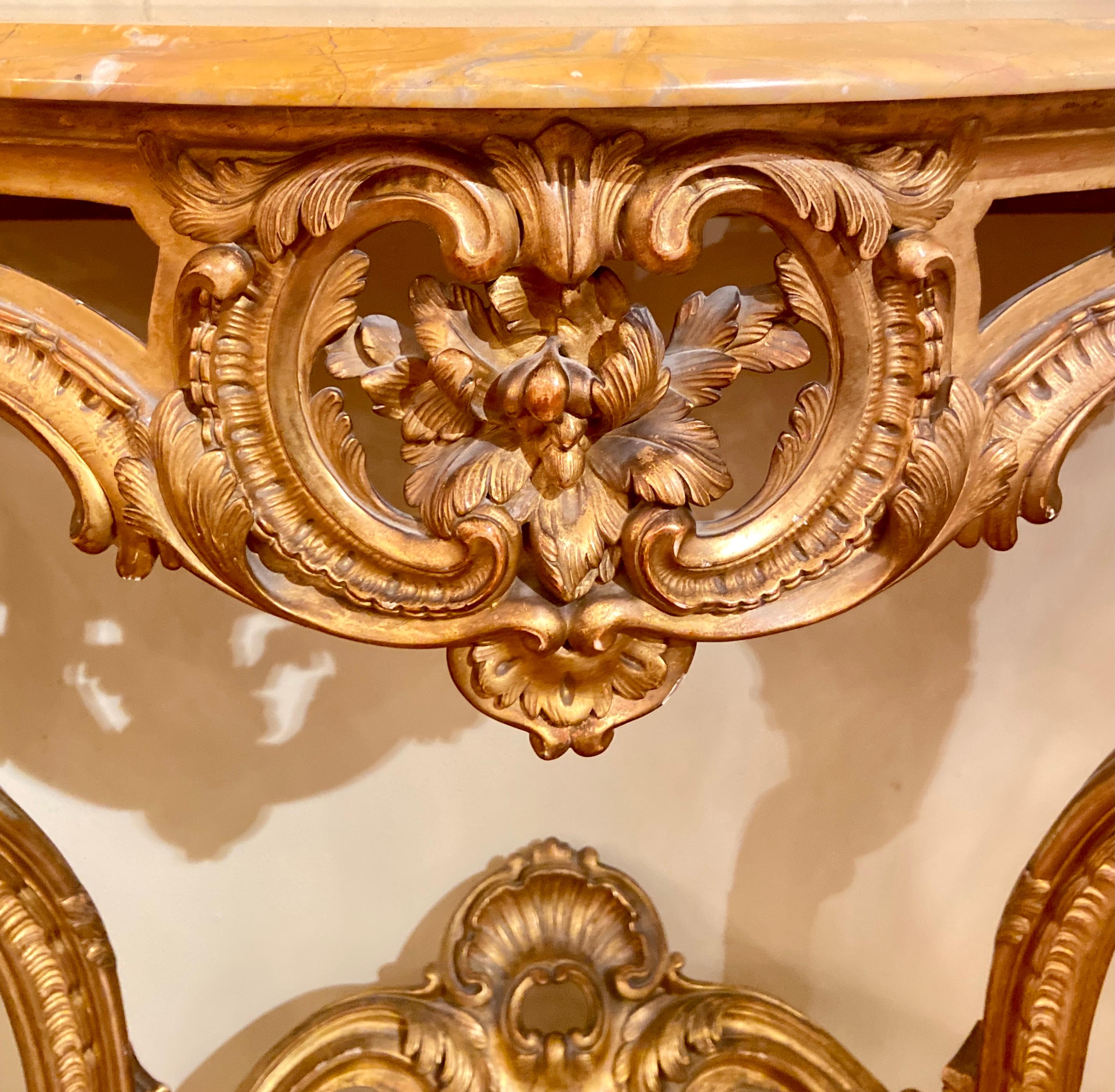 Antique French Louis XV Gold Leaf & Carved Wood Marble-Top Console Table Ca 1860 In Good Condition For Sale In New Orleans, LA