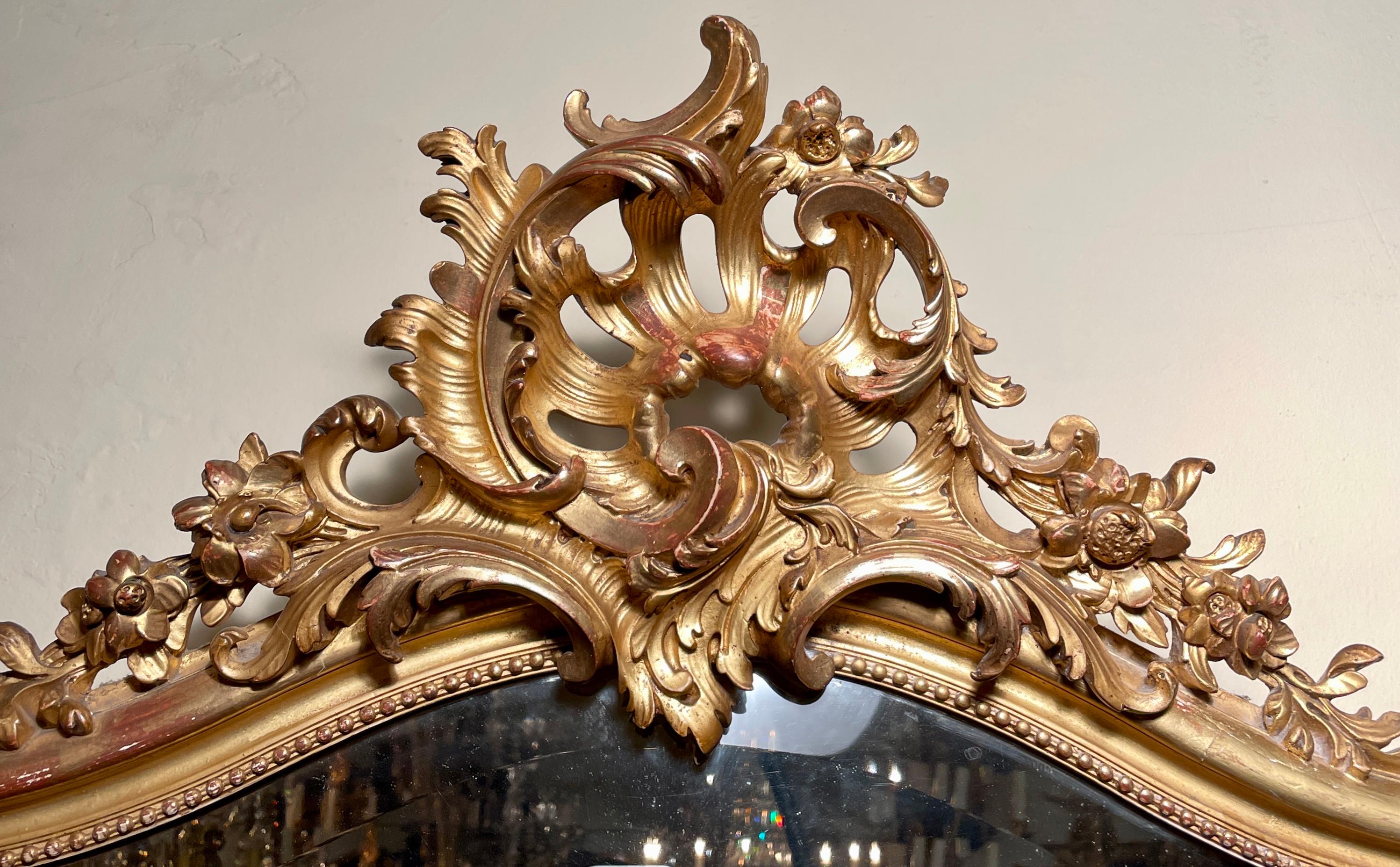Antique French Louis XV gold leaf mirror with beveling, circa 1875-1885.