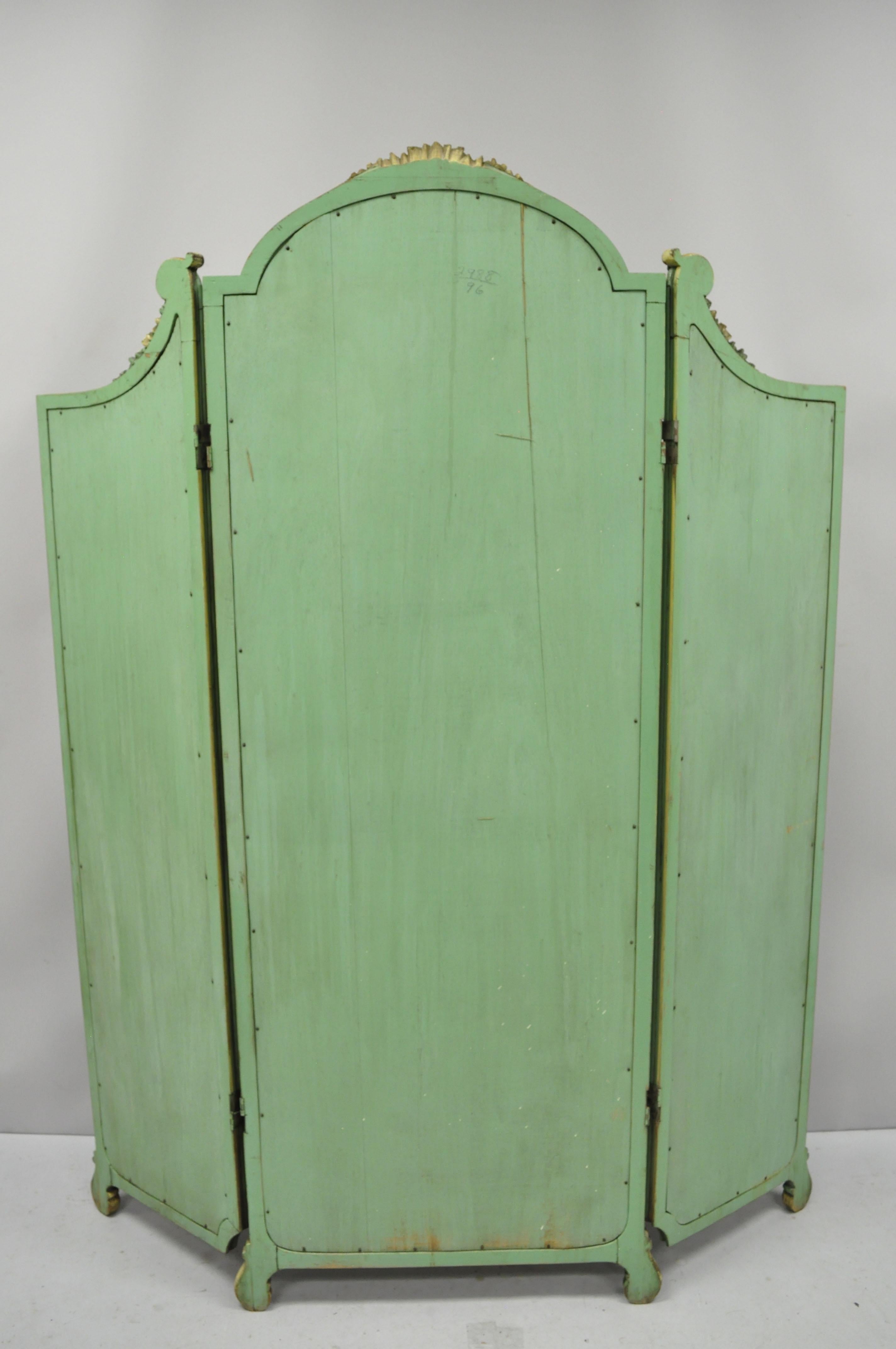 Antique French Louis XV Green Gold 3-Panel Folding Dressing Vanity Screen Mirror For Sale 5