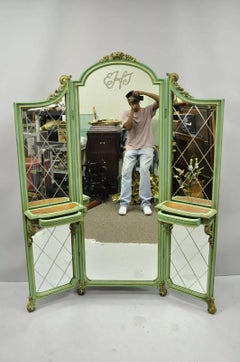 Antique French Louis XV Green Gold 3 Panel Folding Dressing Vanity Screen Mirror