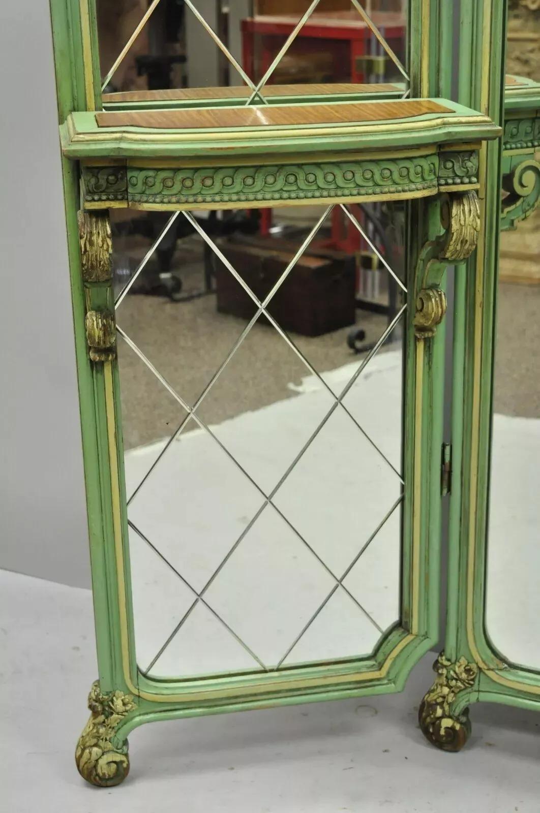 Unknown Antique French Louis XV Green Gold 3 Panel Folding Dressing Vanity Screen Mirror