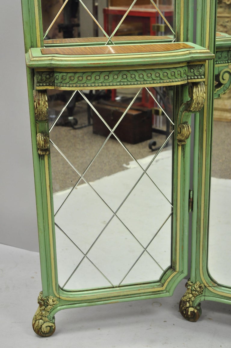 Antique French Louis XV Green Gold 3-Panel Folding Dressing Vanity Screen Mirror For Sale 1