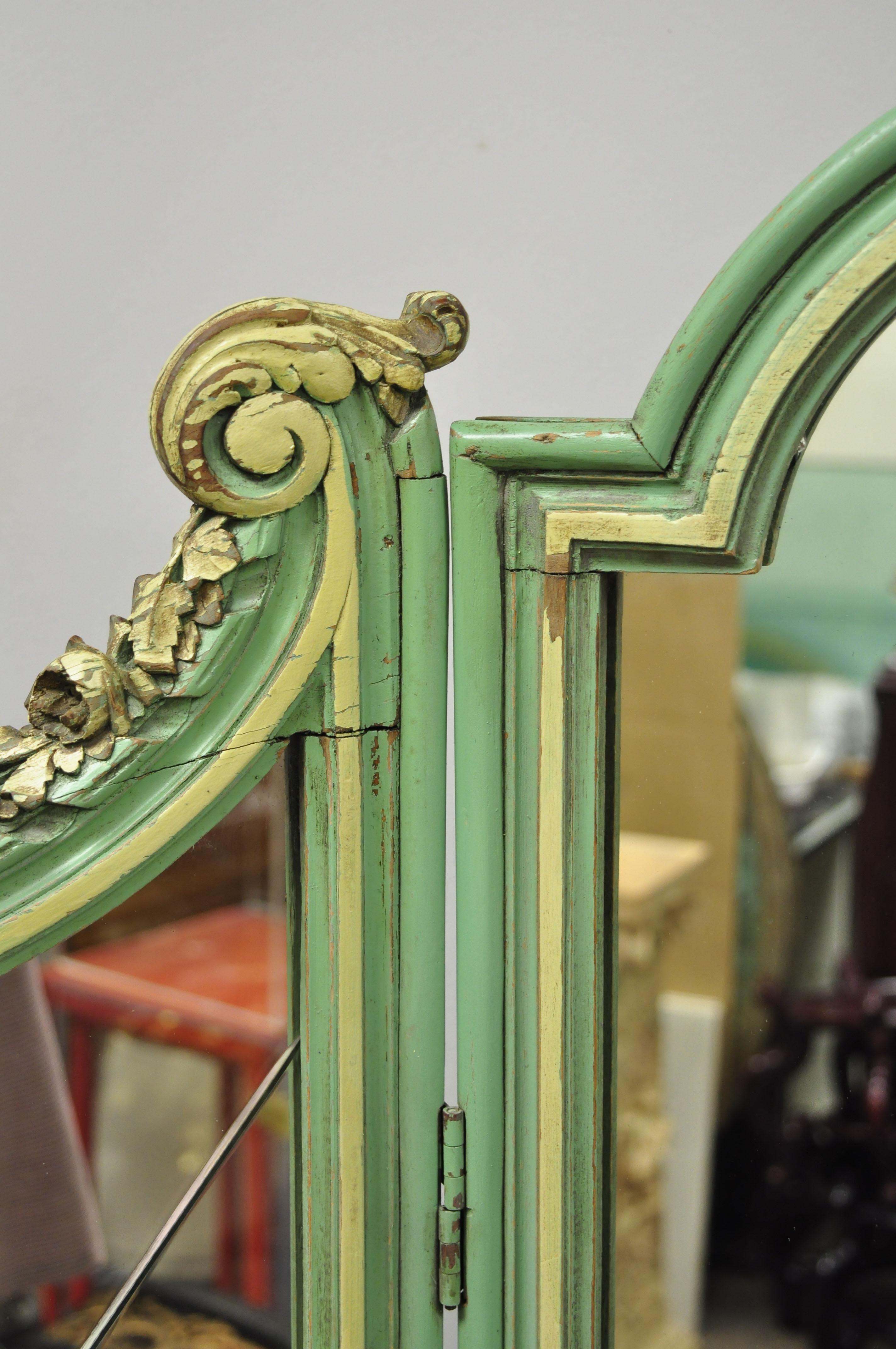 Antique French Louis XV Green Gold 3-Panel Folding Dressing Vanity Screen Mirror 1