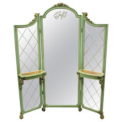 Retro French Louis XV Green Gold 3-Panel Folding Dressing Vanity Screen Mirror