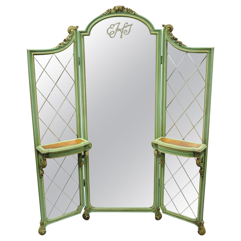 Antique French Louis XV Green Gold 3-Panel Folding Dressing Vanity Screen Mirror For Sale