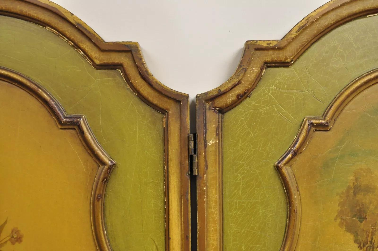 Antique French Louis XV Green Hand Painted 3 Panel Venetian Room Screen (A) For Sale 5