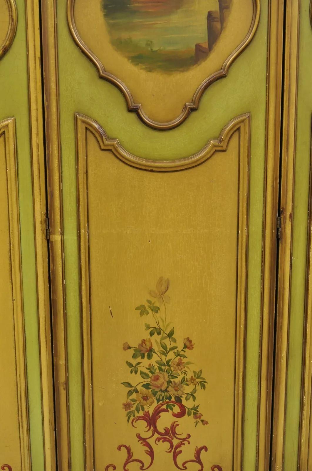 Antique French Louis XV Green Hand Painted 3 Panel Venetian Room Screen (A) For Sale 7