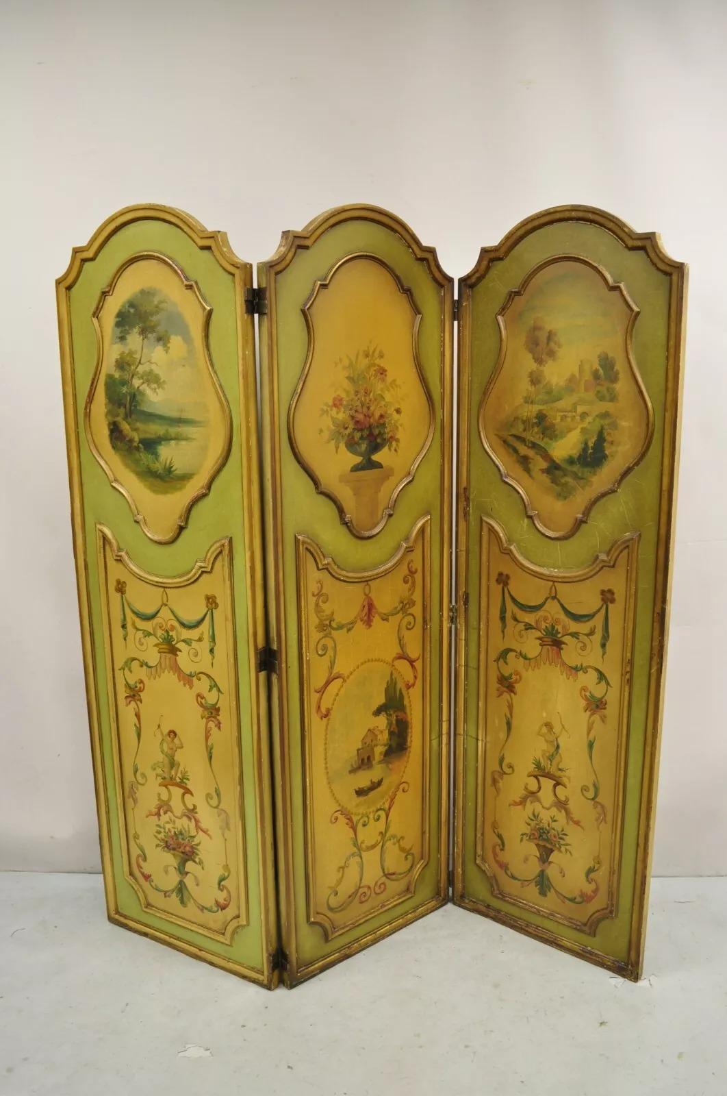 Antique French Louis XV Green Hand Painted 3 Panel Venetian Room Screen (A). Item features different scenes on each side with figures, ornate scrollwork, trees, and floral bouquets with an overall weathered/distressed finish. Very impressive antique