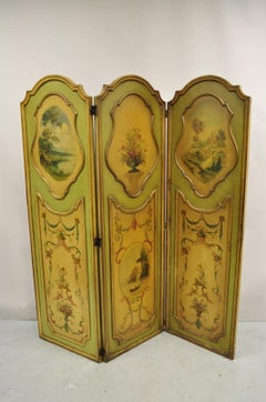 Antique French Louis XV Green Hand Painted 3 Panel Venetian Room Screen (A)