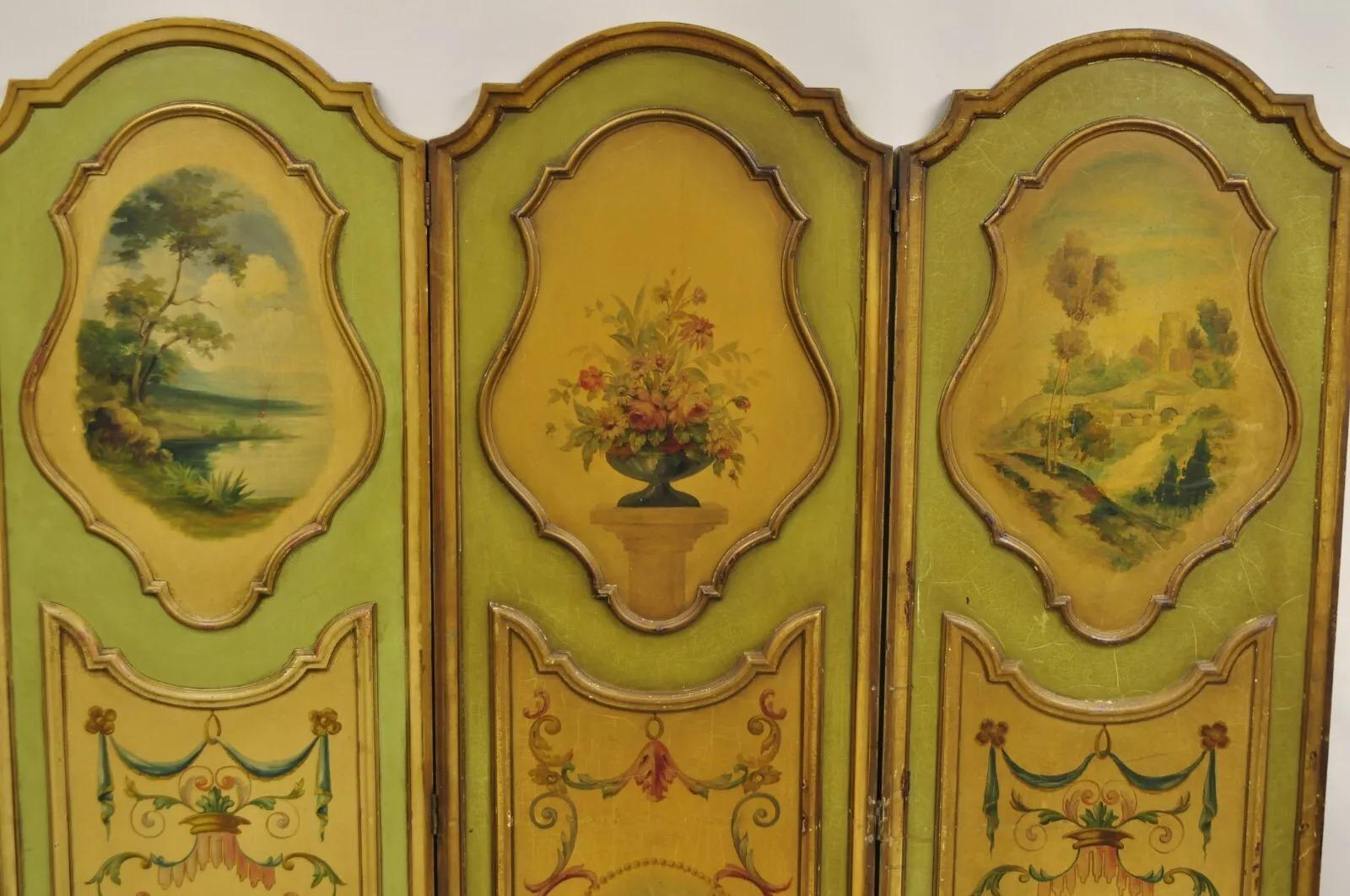 Unknown Antique French Louis XV Green Hand Painted 3 Panel Venetian Room Screen (A) For Sale