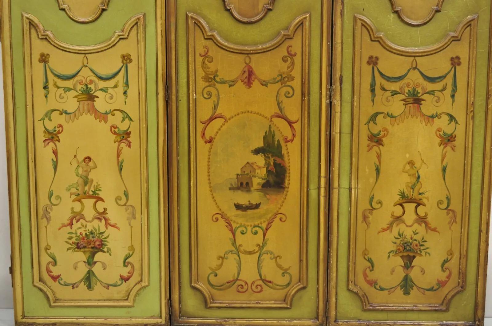 Antique French Louis XV Green Hand Painted 3 Panel Venetian Room Screen (A) In Good Condition For Sale In Philadelphia, PA