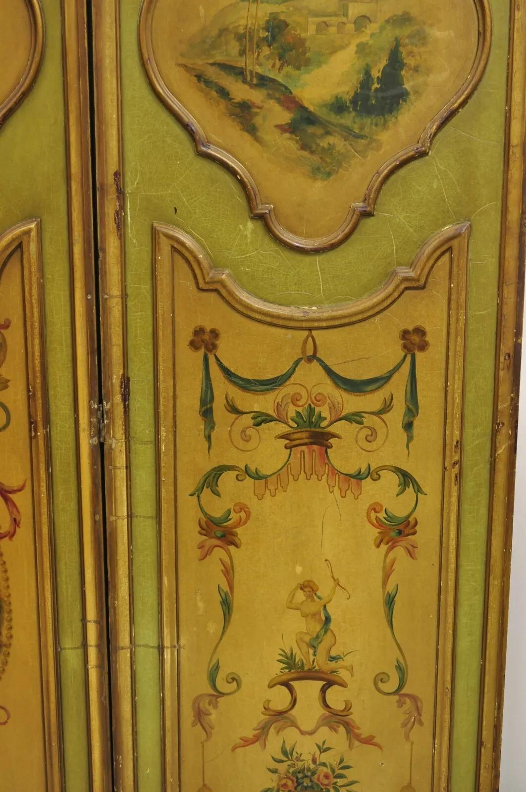 20th Century Antique French Louis XV Green Hand Painted 3 Panel Venetian Room Screen (A) For Sale