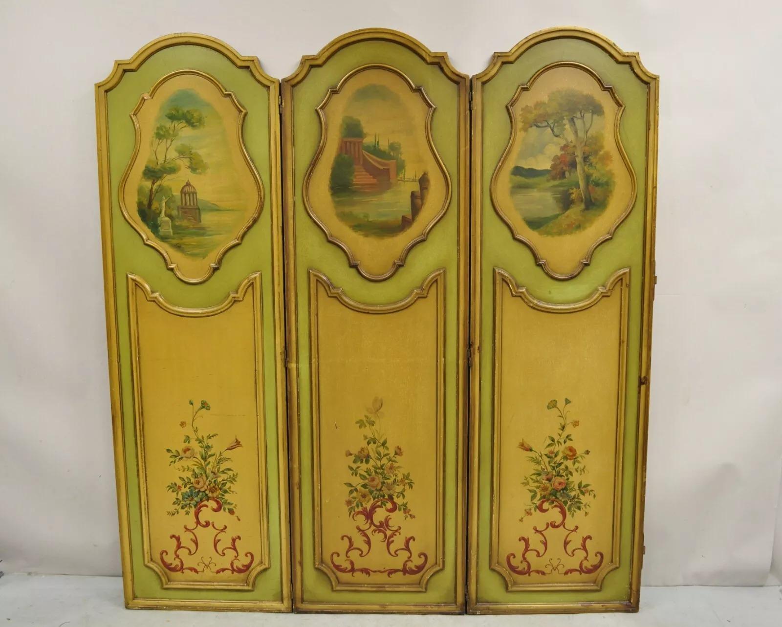 Antique French Louis XV Green Hand Painted 3 Panel Venetian Room Screen (A) For Sale 1