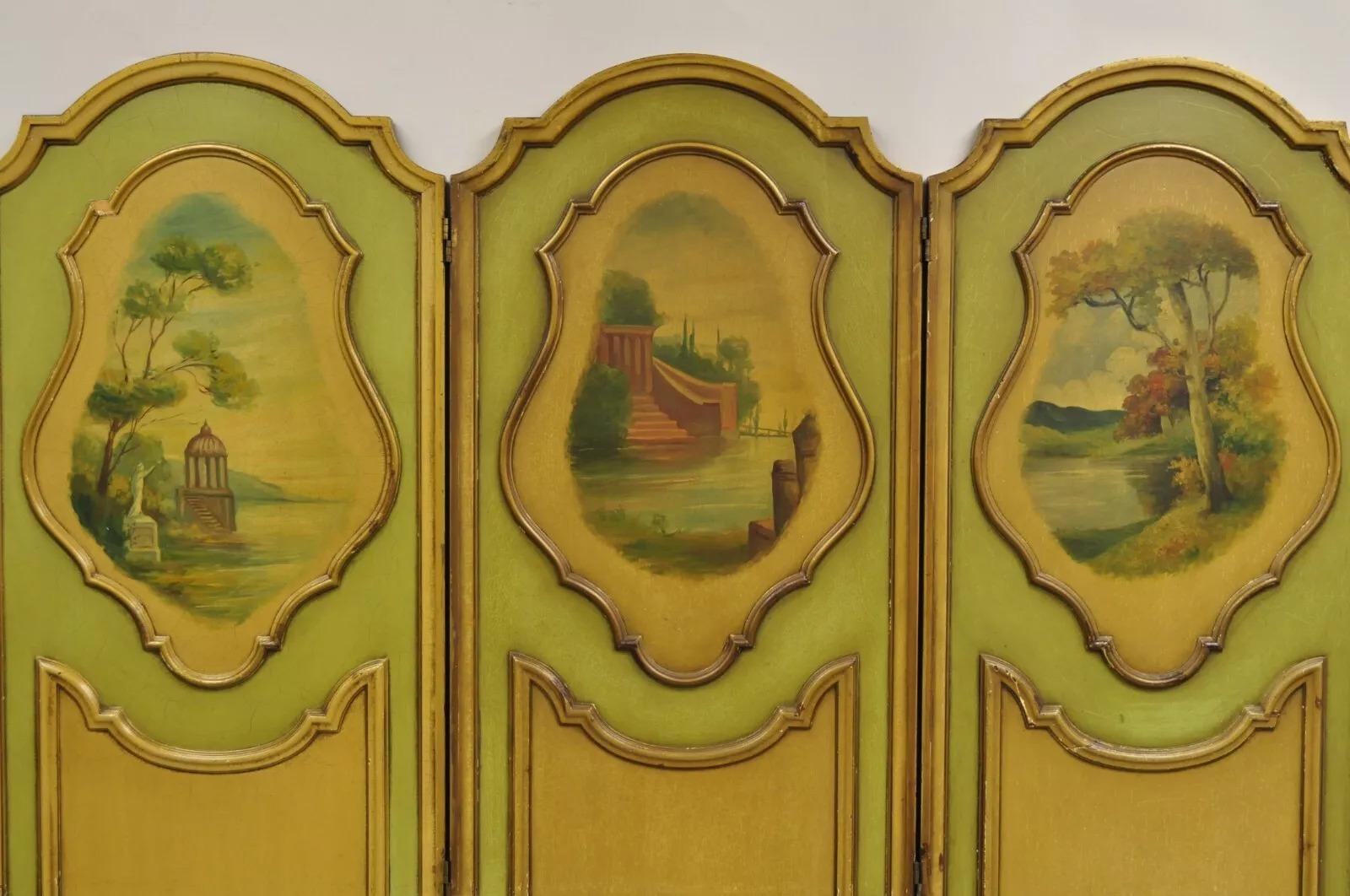 Antique French Louis XV Green Hand Painted 3 Panel Venetian Room Screen (A) For Sale 2