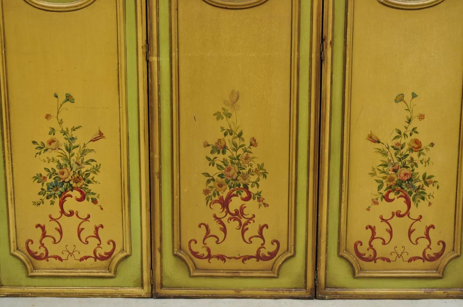 Antique French Louis XV Green Hand Painted 3 Panel Venetian Room Screen (A) For Sale 3