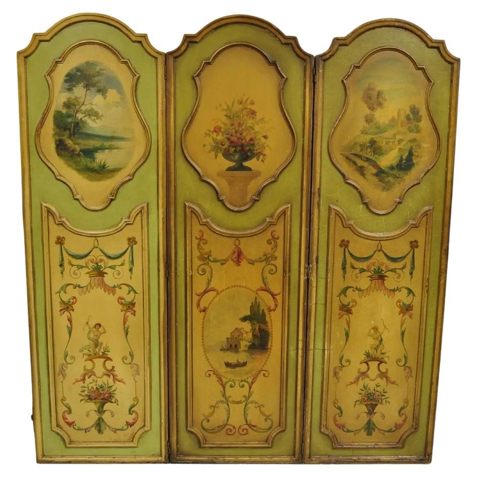 Antique French Louis XV Green Hand Painted 3 Panel Venetian Room Screen (A)