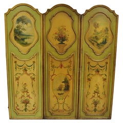 Antique French Louis XV Green Hand Painted 3 Panel Venetian Room Screen (A)