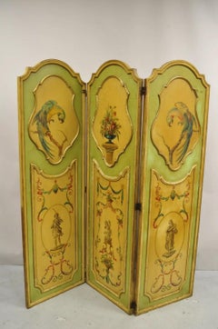 Antique French Louis XV Green Painted Parrot 3 Panel Venetian Room Screen (B)