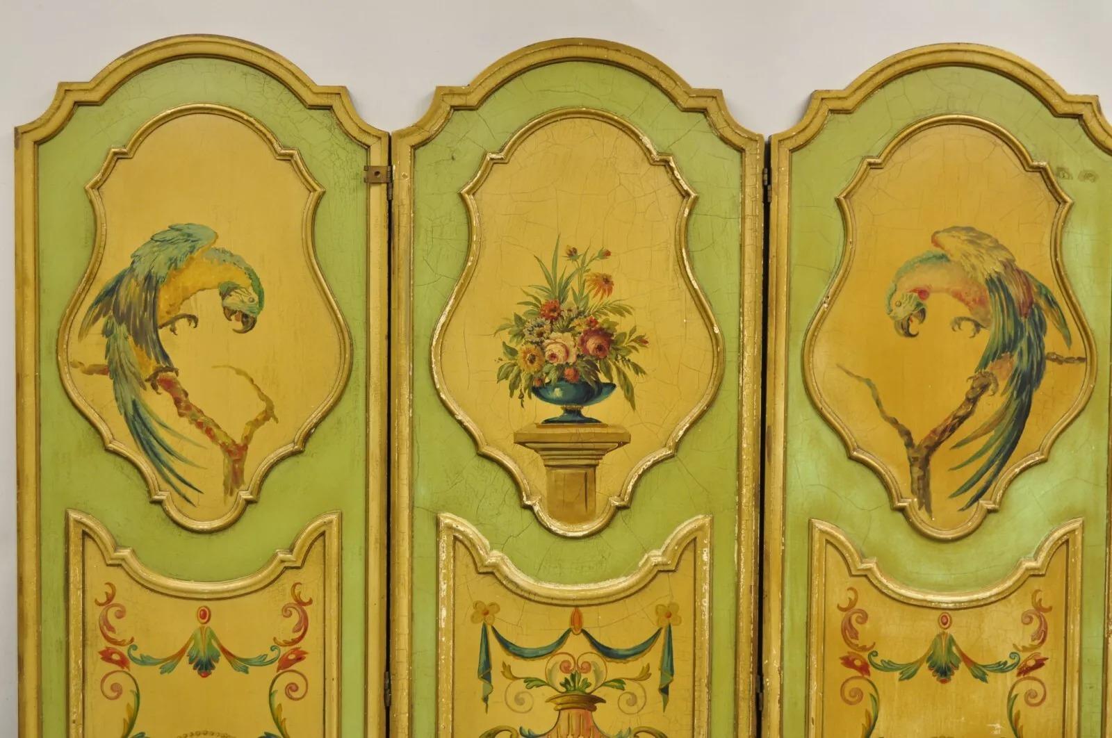 Unknown Antique French Louis XV Green Painted Parrot 3 Panel Venetian Room Screen (B) For Sale
