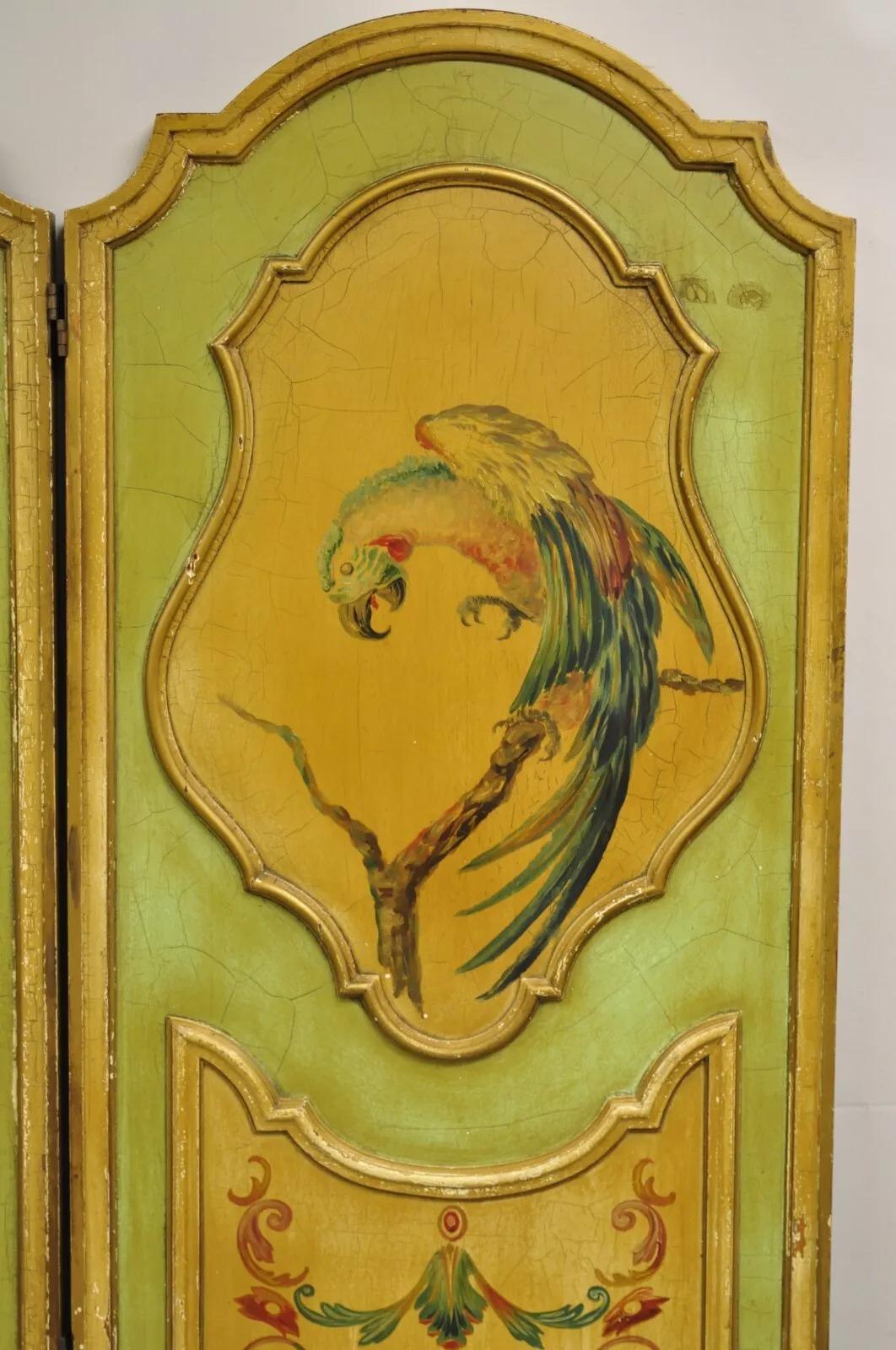 20th Century Antique French Louis XV Green Painted Parrot 3 Panel Venetian Room Screen (B) For Sale