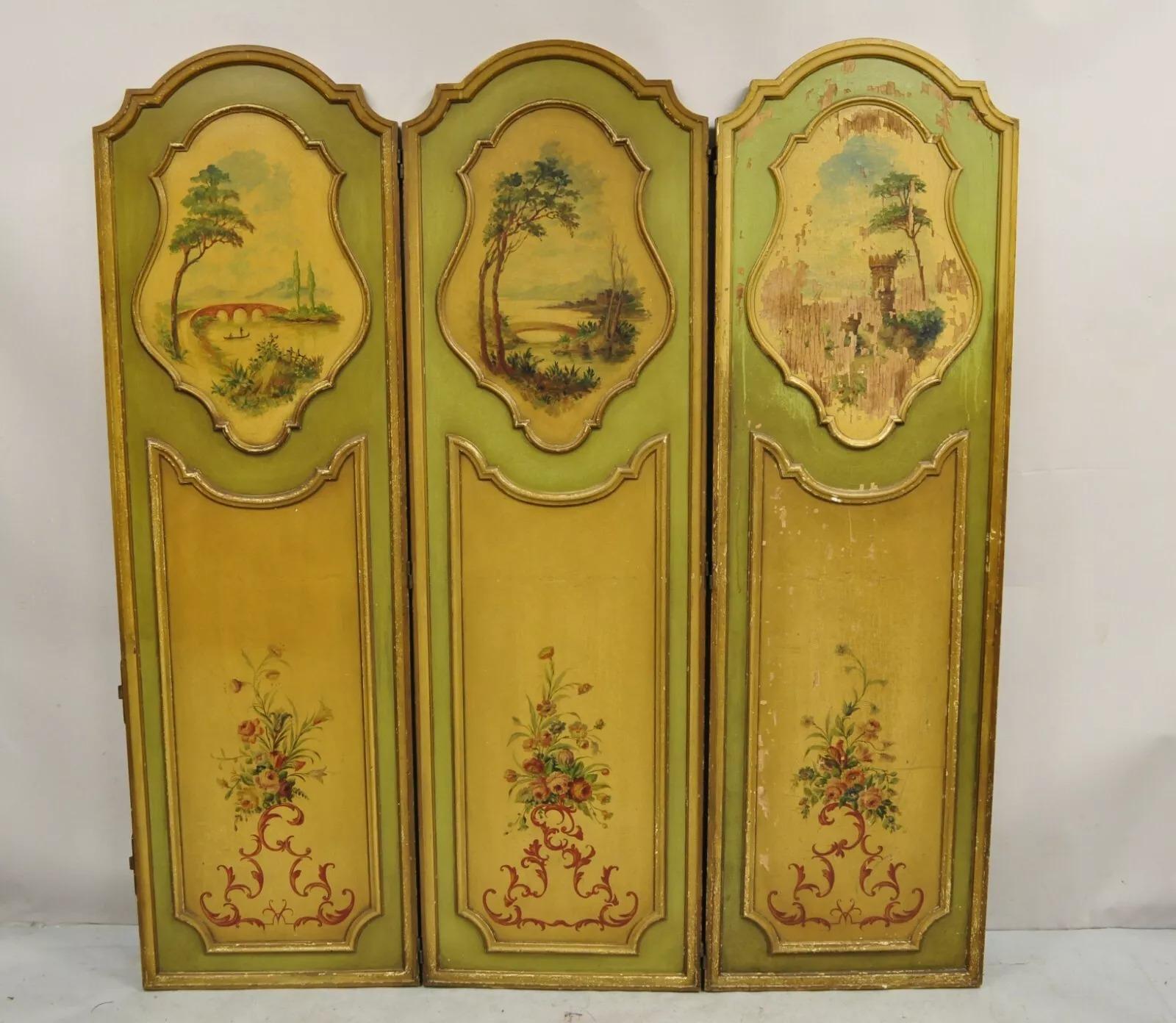 Wood Antique French Louis XV Green Painted Parrot 3 Panel Venetian Room Screen (B) For Sale