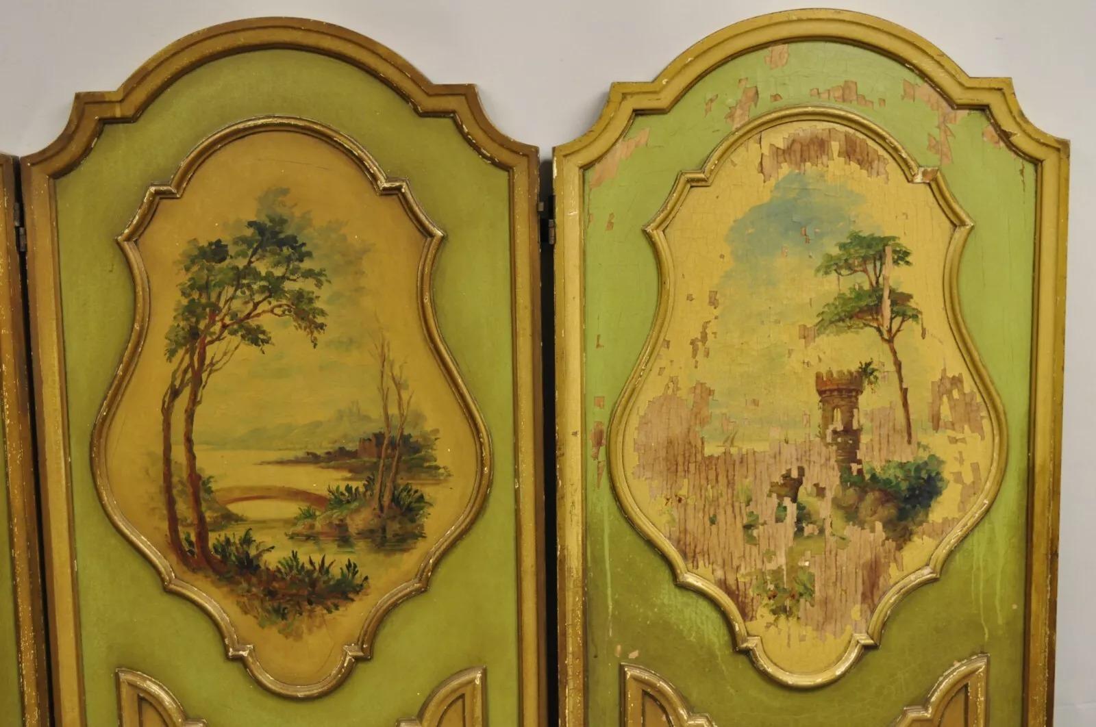 Antique French Louis XV Green Painted Parrot 3 Panel Venetian Room Screen (B) For Sale 1