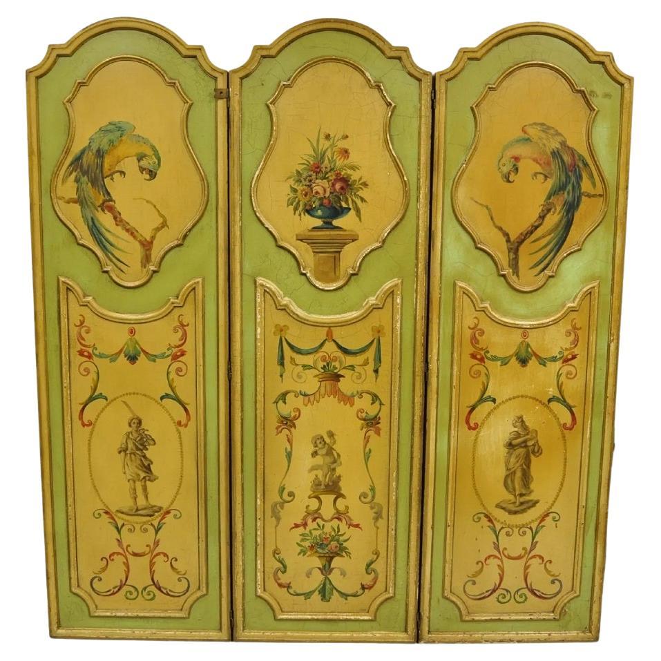 Antiker französischer venezianischer Raumteiler im Louis-XV-Stil mit 3 Tafeln und grünem Papagei-Gemälde (B)