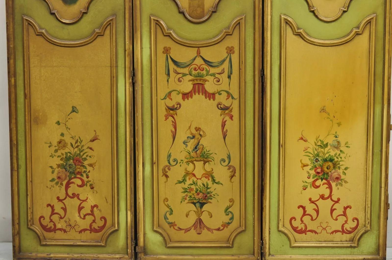Antique French Louis XV Green Painted Parrot 3 Panel Venetian Room Screen (C) For Sale 4