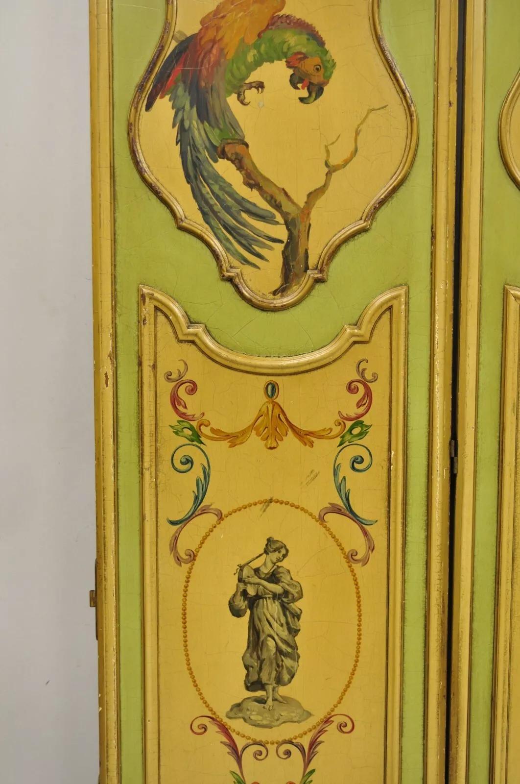 Antique French Louis XV Green Painted Parrot 3 Panel Venetian Room Screen (C) For Sale 5