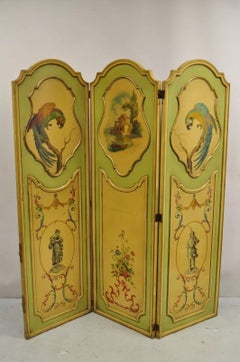 Antique French Louis XV Green Painted Parrot 3 Panel Venetian Room Screen (C)