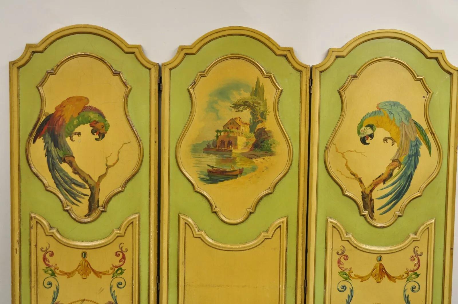 Unknown Antique French Louis XV Green Painted Parrot 3 Panel Venetian Room Screen (C) For Sale