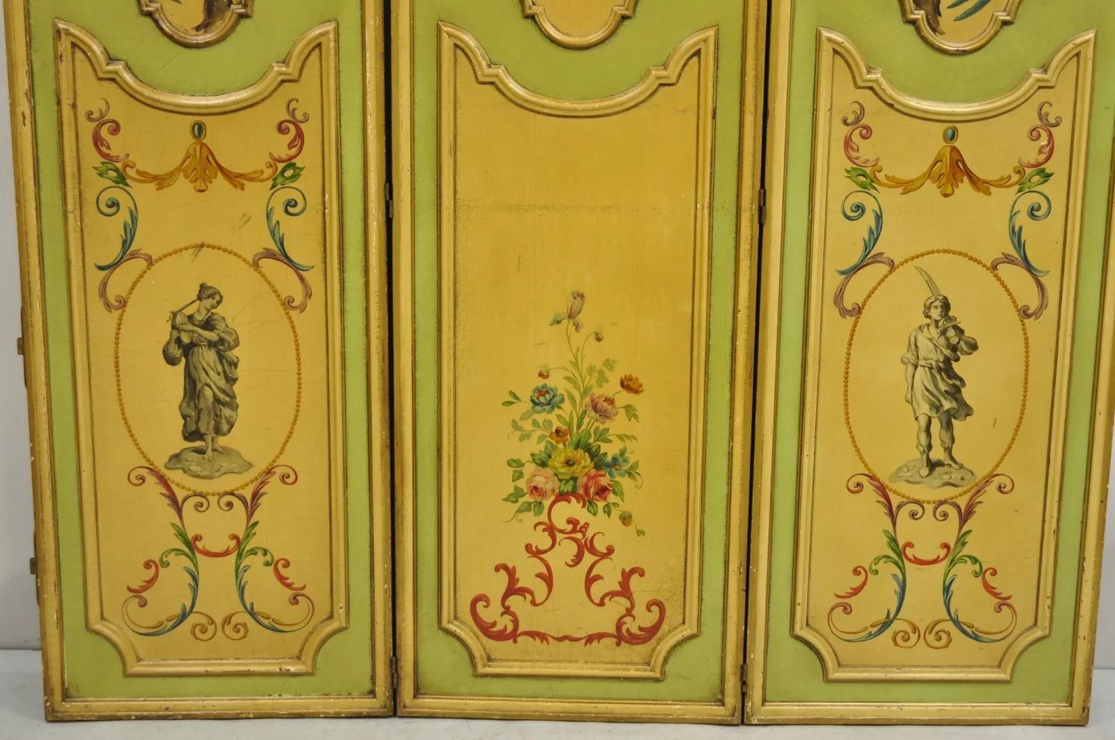 Antique French Louis XV Green Painted Parrot 3 Panel Venetian Room Screen (C) In Good Condition For Sale In Philadelphia, PA
