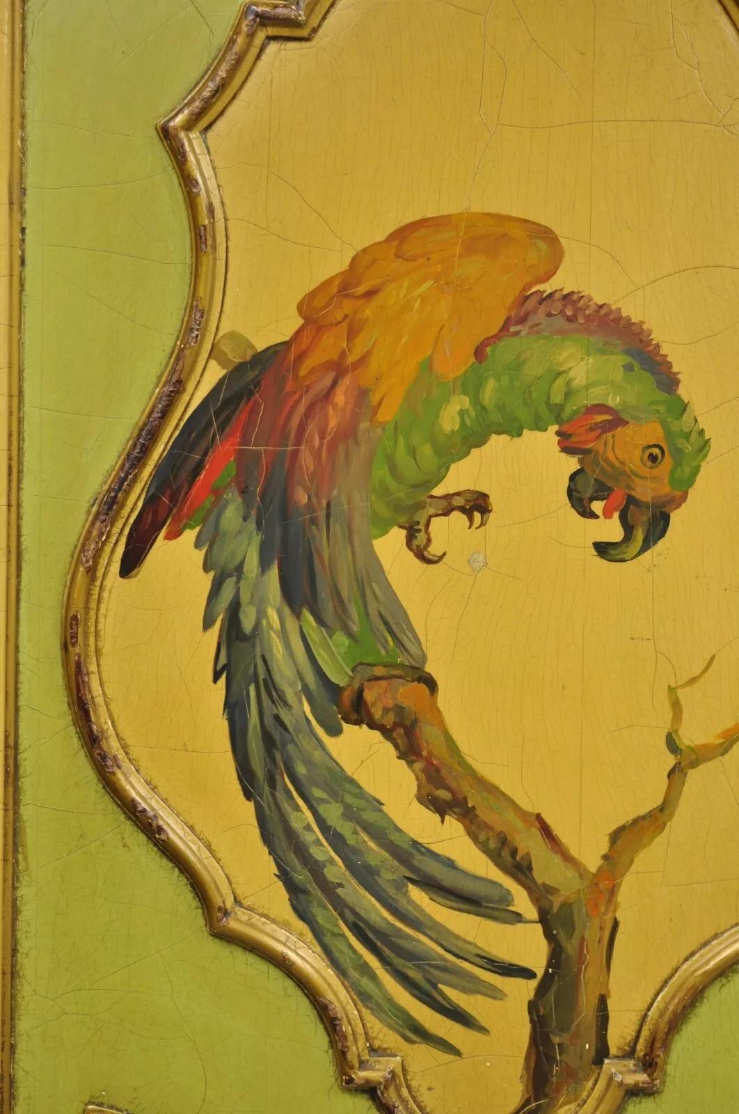 20th Century Antique French Louis XV Green Painted Parrot 3 Panel Venetian Room Screen (C) For Sale