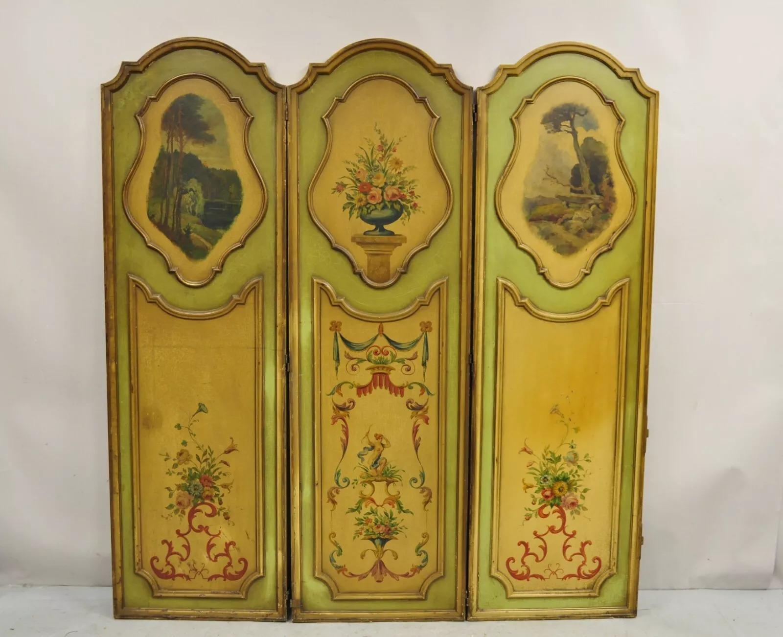 Wood Antique French Louis XV Green Painted Parrot 3 Panel Venetian Room Screen (C) For Sale
