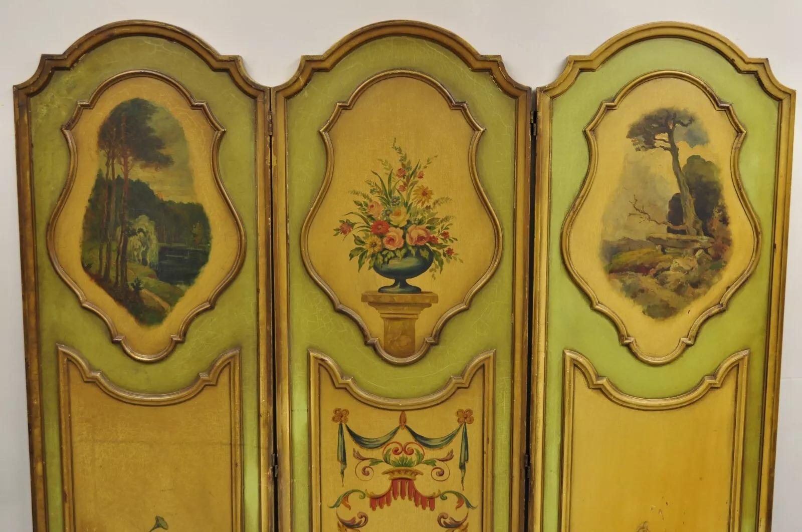 Antique French Louis XV Green Painted Parrot 3 Panel Venetian Room Screen (C) For Sale 1